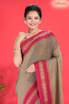 Pondicherry Khadi Cotton, Handloom Saree with Traditional Design in Brown Red