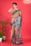 Tussar Kantha Stitch With Golden Black Hand Paint Big Flower Motif