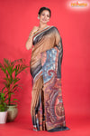 Tussar Kantha Stitch With Golden Black Hand Paint Big Flower Motif