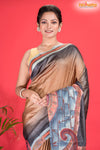 Tussar Kantha Stitch With Golden Black Hand Paint Big Flower Motif