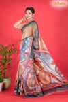 Tussar Kantha Stitch With Golden Black Hand Paint Big Flower Motif