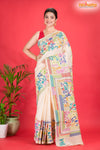 Tussar Kantha Stitch With White Hand Paint Big Flower Motif