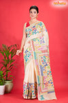 Tussar Kantha Stitch With White Hand Paint Big Flower Motif
