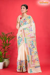 Tussar Kantha Stitch With White Hand Paint Big Flower Motif