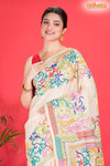 Tussar Kantha Stitch With White Hand Paint Big Flower Motif