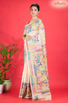 Tussar Kantha Stitch With White Hand Paint Big Flower Motif