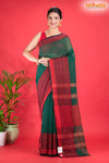 Pondicherry Khadi Cotton, Handloom Saree with Traditional Design in Green Red