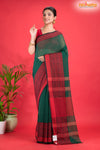 Pondicherry Khadi Cotton, Handloom Saree with Traditional Design in Green Red