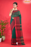 Pondicherry Khadi Cotton, Handloom Saree with Traditional Design in Green Red