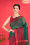 Pondicherry Khadi Cotton, Handloom Saree with Traditional Design in Green Red