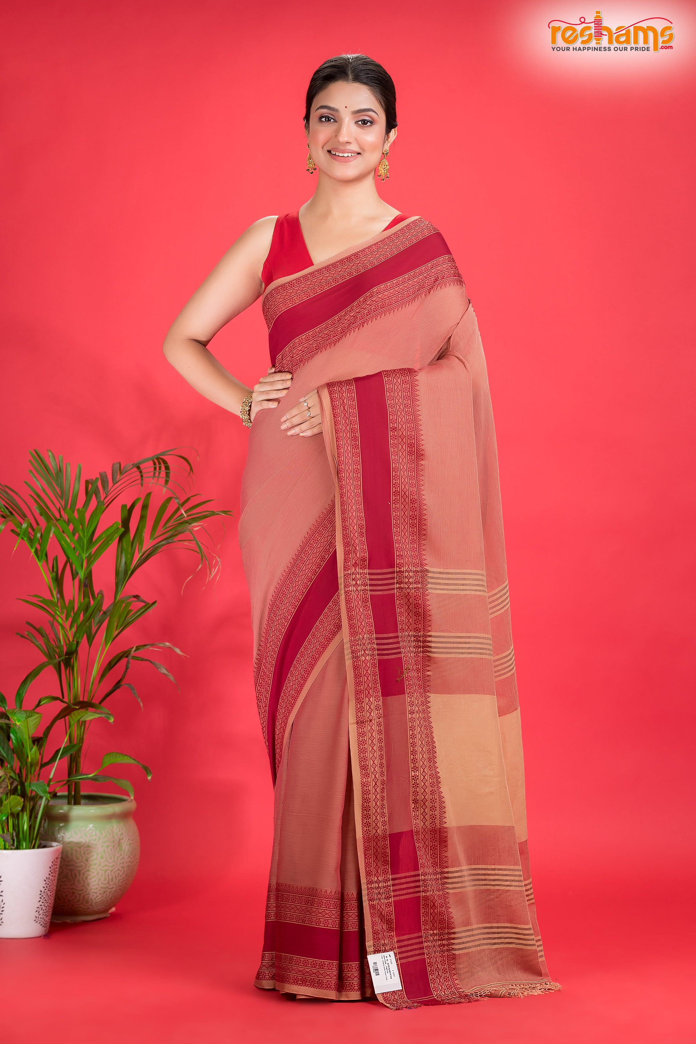 Pondicherry Khadi Cotton, Handloom Saree with Traditional Design in Light And Deep Brown