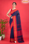 Pondicherry Khadi Cotton, Handloom Saree with Traditional Design in Blue Red