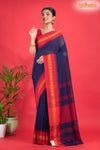 Pondicherry Khadi Cotton, Handloom Saree with Traditional Design in Blue Red