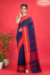 Pondicherry Khadi Cotton, Handloom Saree with Traditional Design in Blue Red