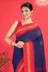 Pondicherry Khadi Cotton, Handloom Saree with Traditional Design in Blue Red