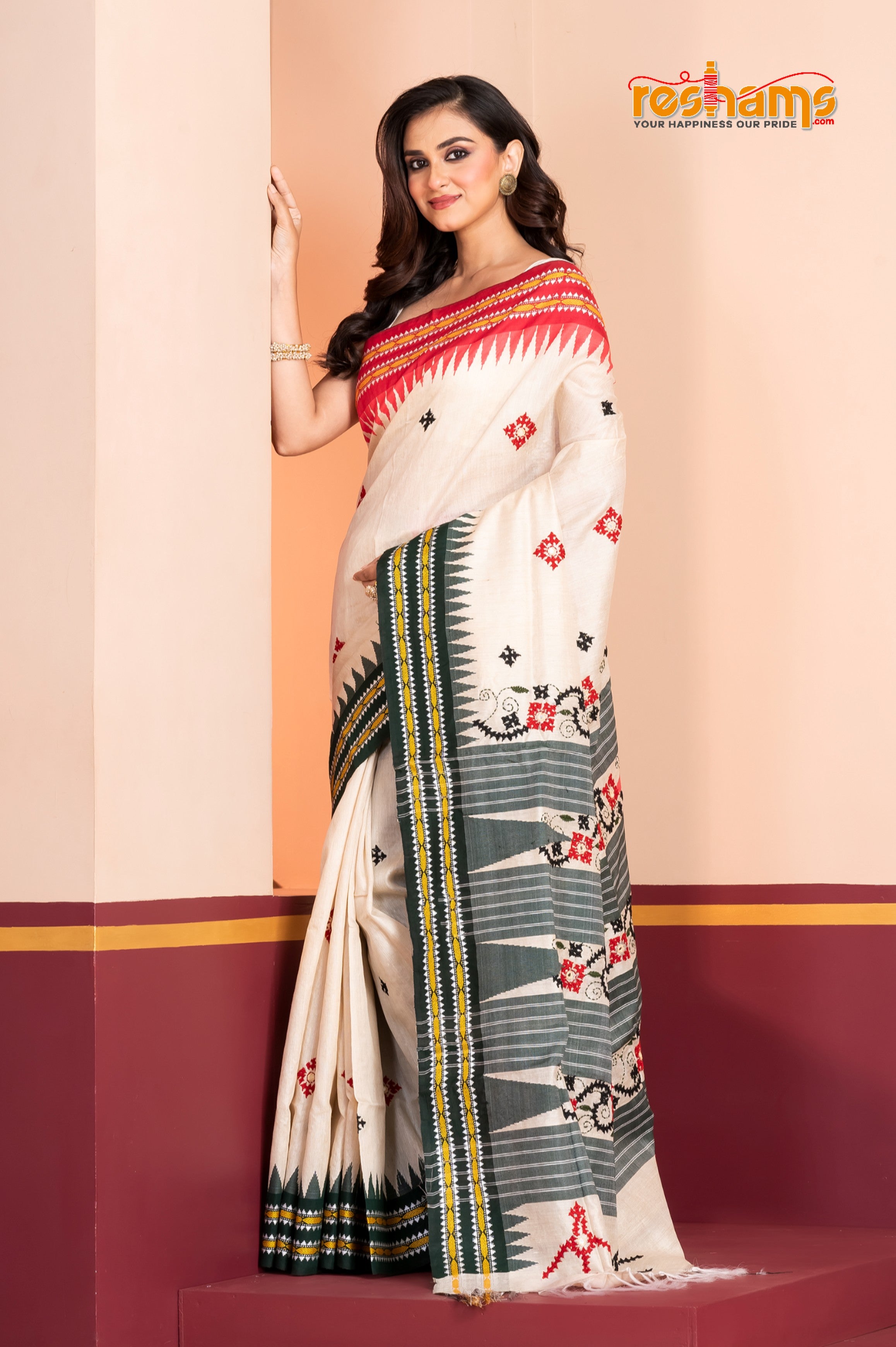 Vidarbha Pure Tussar White with Gujrathi Stitch