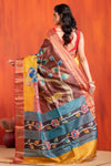 Tussar Kantha Stitch with golden dark brown hand paint deer motif