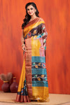 Tussar Kantha Stitch with golden dark brown hand paint deer motif