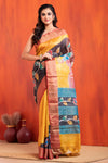 Tussar Kantha Stitch with golden dark brown hand paint deer motif