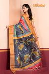 Tussar Kantha Stitch with red black hand paint fish motif