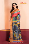 Tussar Kantha Stitch with red black hand paint fish motif