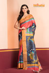 Tussar Kantha Stitch with red black hand paint fish motif