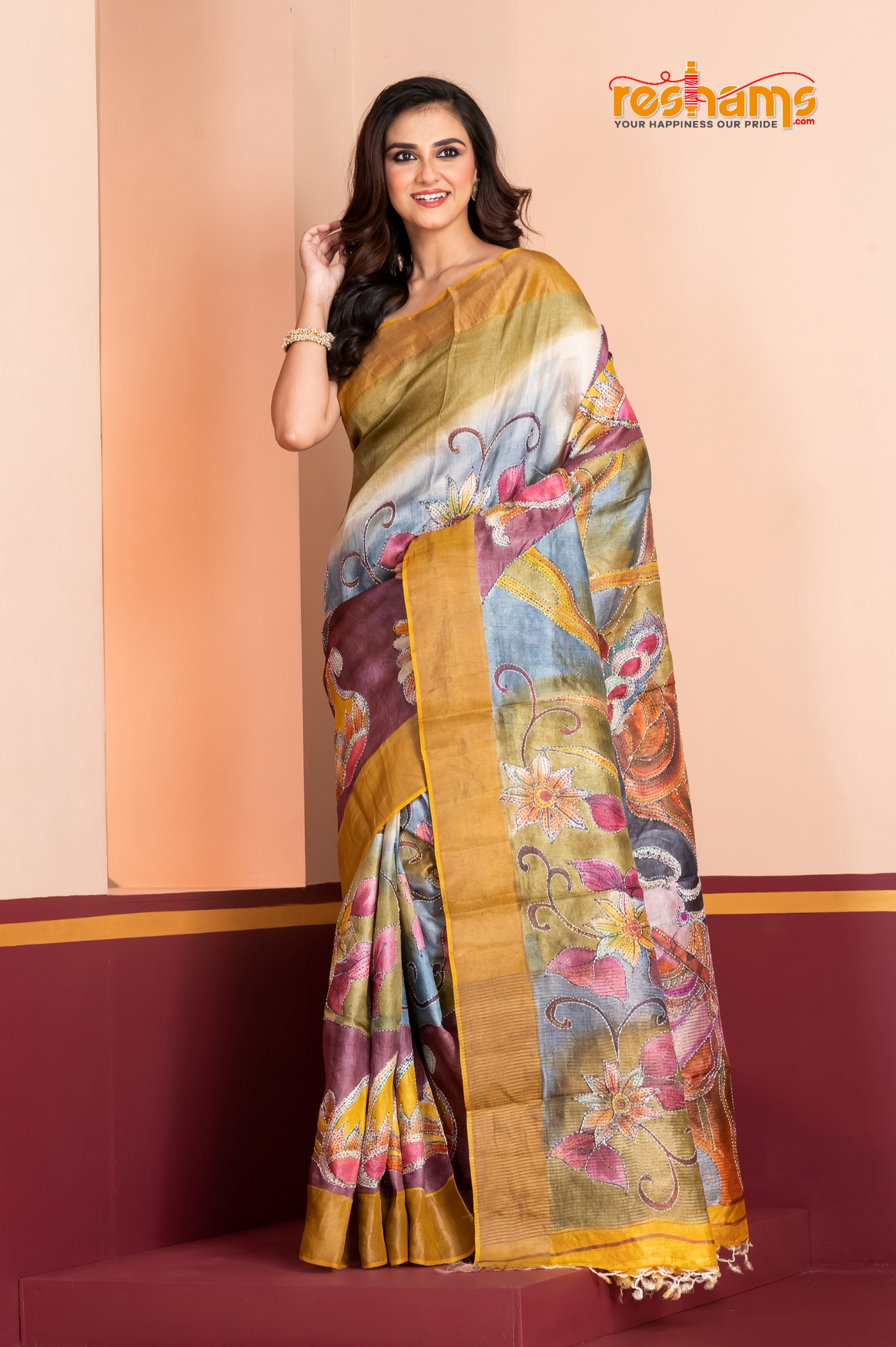 Tussar Kantha Stitch with golden purple hand paint radha krishna motif
