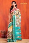 Vidarbha Pure Tussar White Sea Green Kalamkari