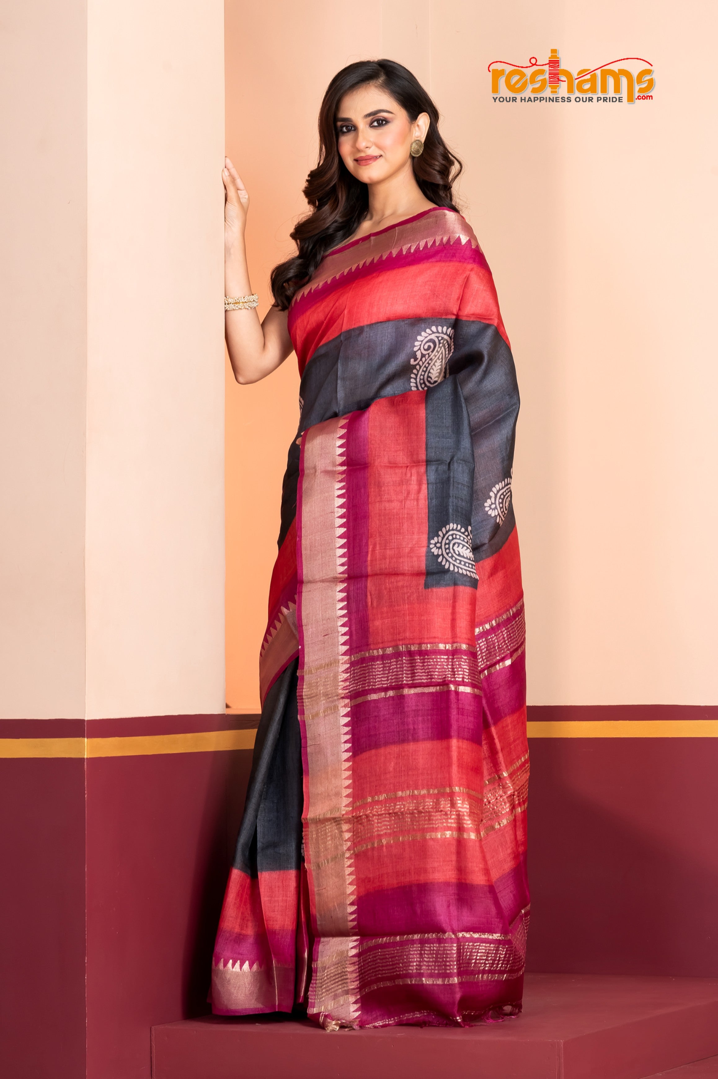 PURE PRINTED TUSSAR SILK BLACK