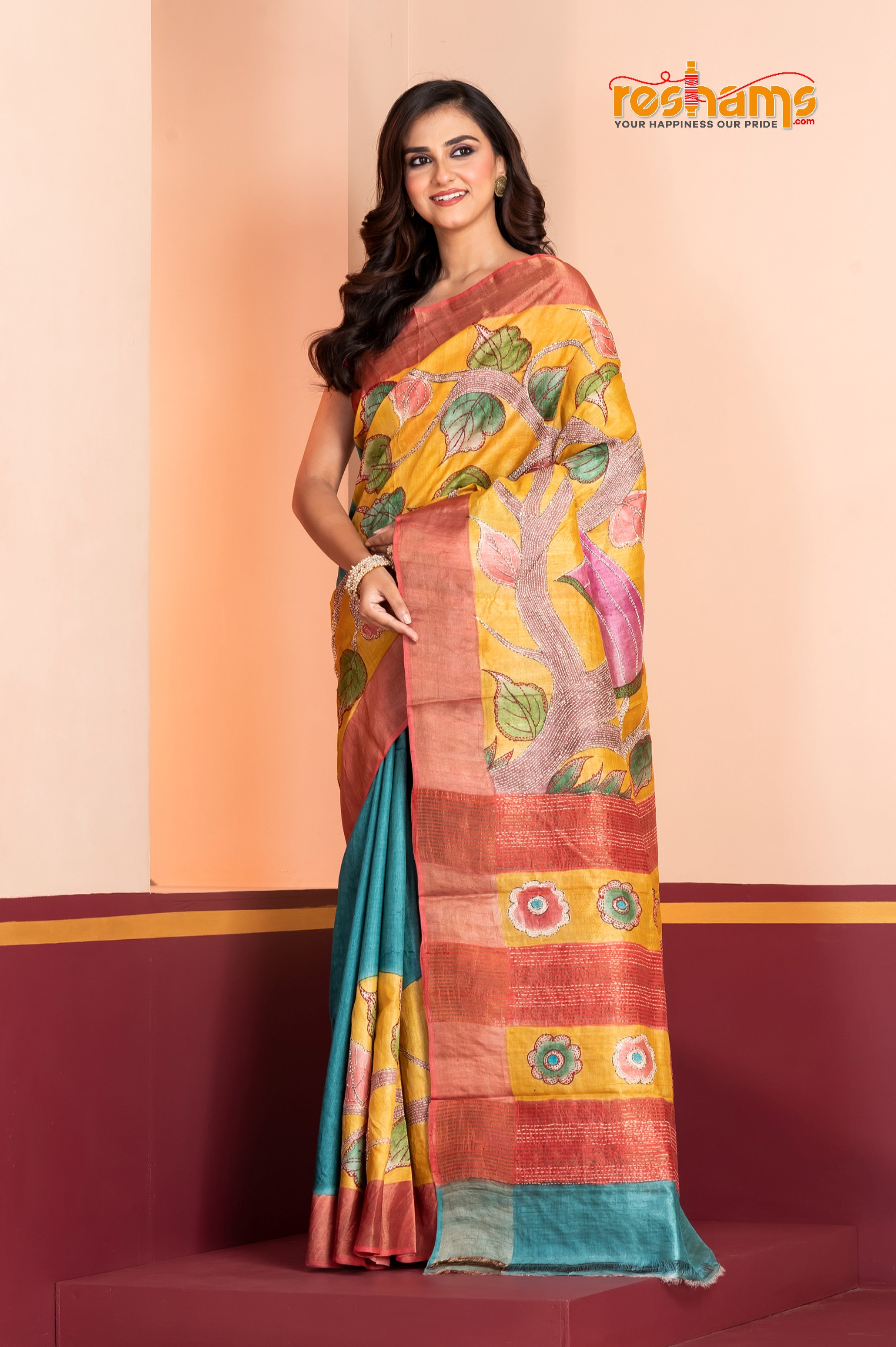 Tussar Kantha Stitch with yellow sky hand paint gopala motif