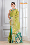 Pure Silk Paithani with green body with sea green Pallu