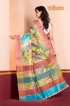 Tussar Kantha Stitch with yellow sky hand paint big flower motif