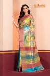 Tussar Kantha Stitch with yellow sky hand paint big flower motif