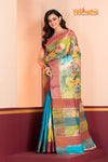 Tussar Kantha Stitch with yellow sky hand paint big flower motif