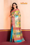 Tussar Kantha Stitch with yellow sky hand paint big flower motif