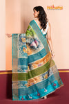 Tussar Kantha Stitch With Blue Sky Hand Paint Big Flower Motif