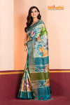 Tussar Kantha Stitch With Blue Sky Hand Paint Big Flower Motif