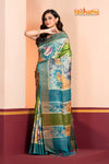 Tussar Kantha Stitch With Blue Sky Hand Paint Big Flower Motif
