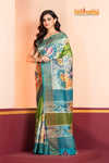 Tussar Kantha Stitch With Blue Sky Hand Paint Big Flower Motif