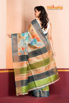 Tussar Kantha Stitch With Orange Green Hand Paint Big Flower Motif