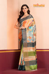 Tussar Kantha Stitch With Orange Green Hand Paint Big Flower Motif