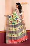 Tussar Kantha Stitch With Red Green Hand Paint Big Flower Motif