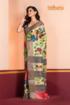 Tussar Kantha Stitch With Red Green Hand Paint Big Flower Motif