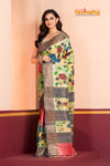 Tussar Kantha Stitch With Red Green Hand Paint Big Flower Motif