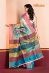 Tussar Kantha Stitch With Sky Pink Hand Paint Big Flower Motif