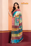 Tussar Kantha Stitch With Sky Pink Hand Paint Big Flower Motif