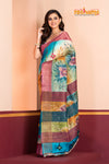 Tussar Kantha Stitch With Sky Pink Hand Paint Big Flower Motif