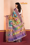 Tussar Kantha Stitch With White Purple Hand Paint Big Flower Motif