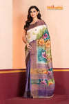 Tussar Kantha Stitch With White Purple Hand Paint Big Flower Motif