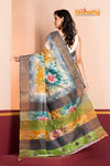 Tussar Kantha Stitch With Brown Green Hand Paint Big Flower Motif